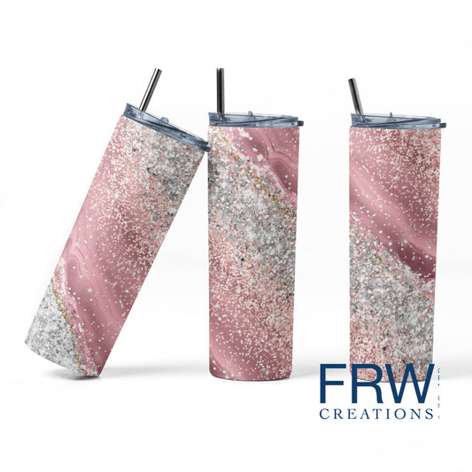 Pink/Rose and Silver Glitter Tumbler Sublimation Tumbler, Ready to Press Sublimation Transfer, 20 oz. Skinny Tumbler