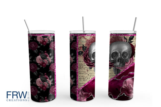 Skull Floral Sublimation Tumbler, Ready to Press Sublimation Transfer, 20 oz. Skinny Tumbler