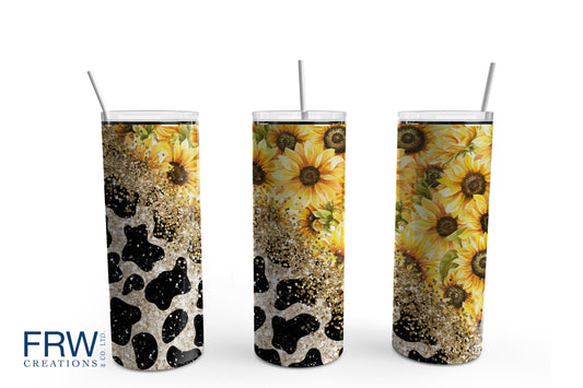 Sunflower Cow Print Sublimation Tumbler, Ready to Press Sublimation Transfer, 20 oz. Skinny Tumbler