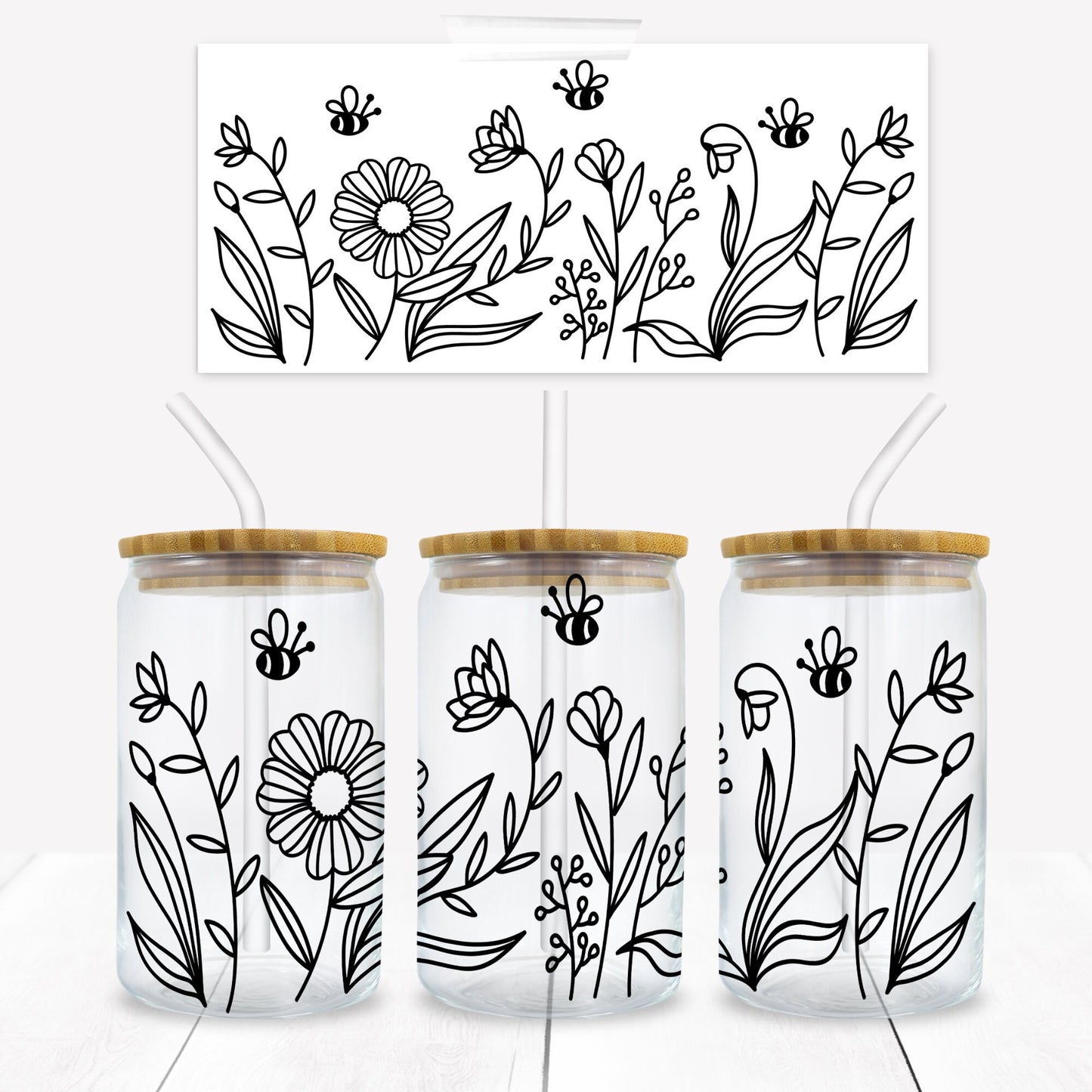 Daisies, Flowers and Bees Outline 16 oz. Libbey Tumbler Wrap - Sublimation Wrap- Ready to Press Sublimation