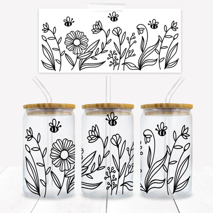 Daisies, Flowers and Bees Outline 16 oz. Libbey Tumbler Wrap - Sublimation Wrap- Ready to Press Sublimation