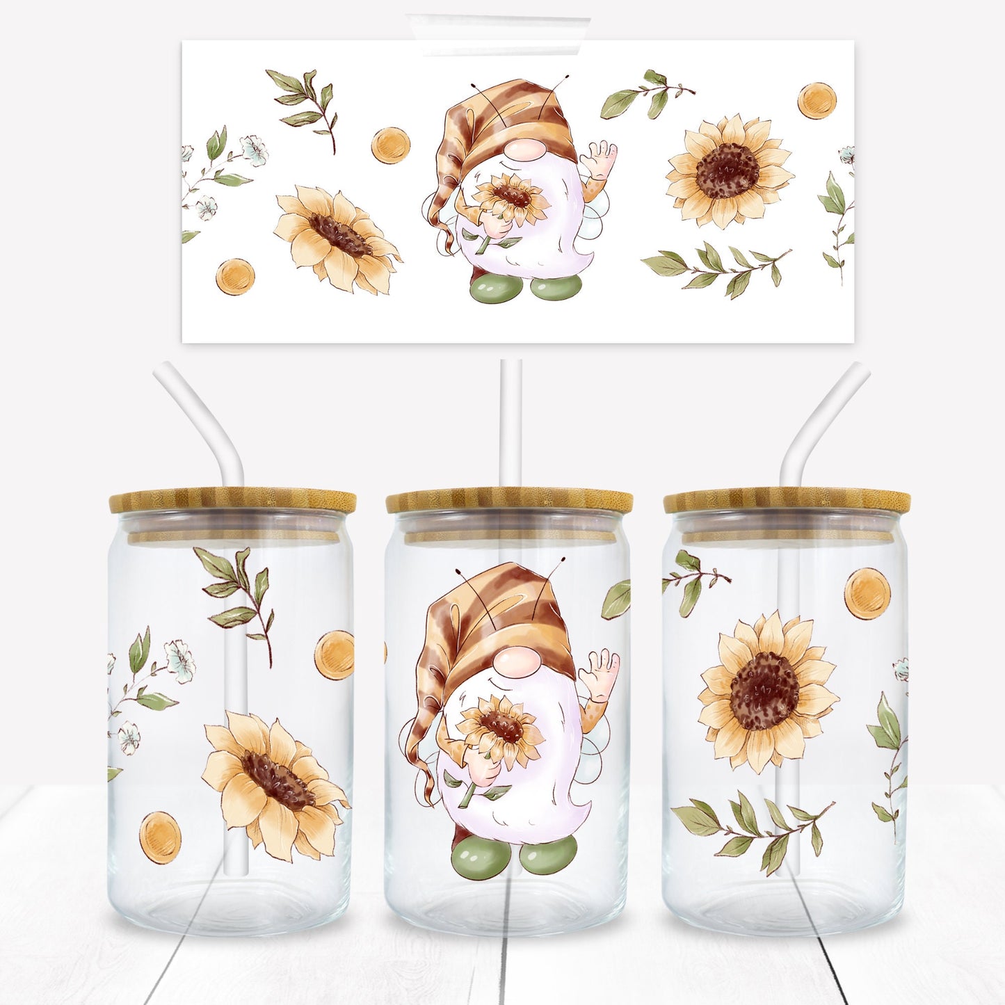 Sunflowers Gnome 16 oz. Libbey Tumbler Wrap - Sublimation Wrap- Ready to Press Sublimation