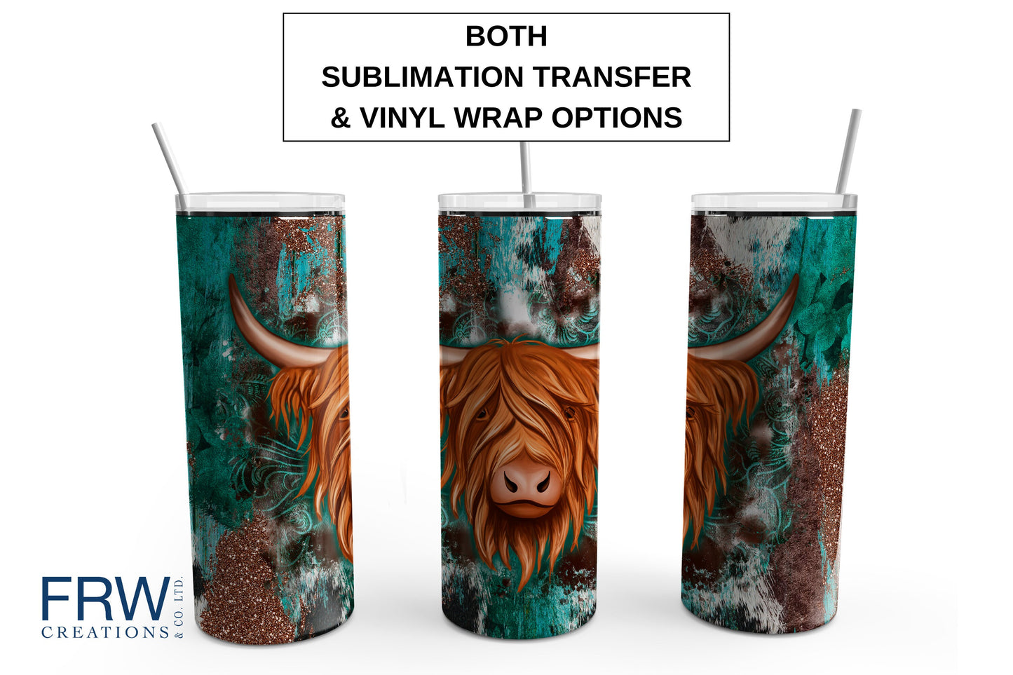 Highland Cow on Rustic Teal Background 20 oz. Sublimation Tumbler Transfer