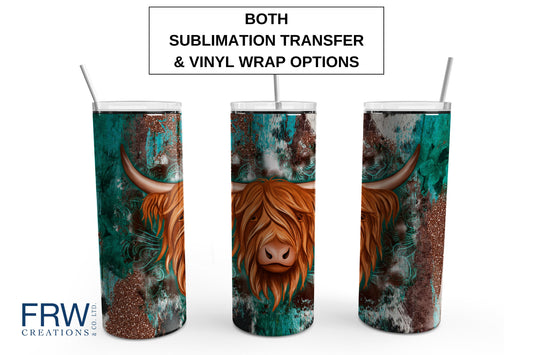 Highland Cow on Rustic Teal Background 20 oz. Sublimation Tumbler Transfer