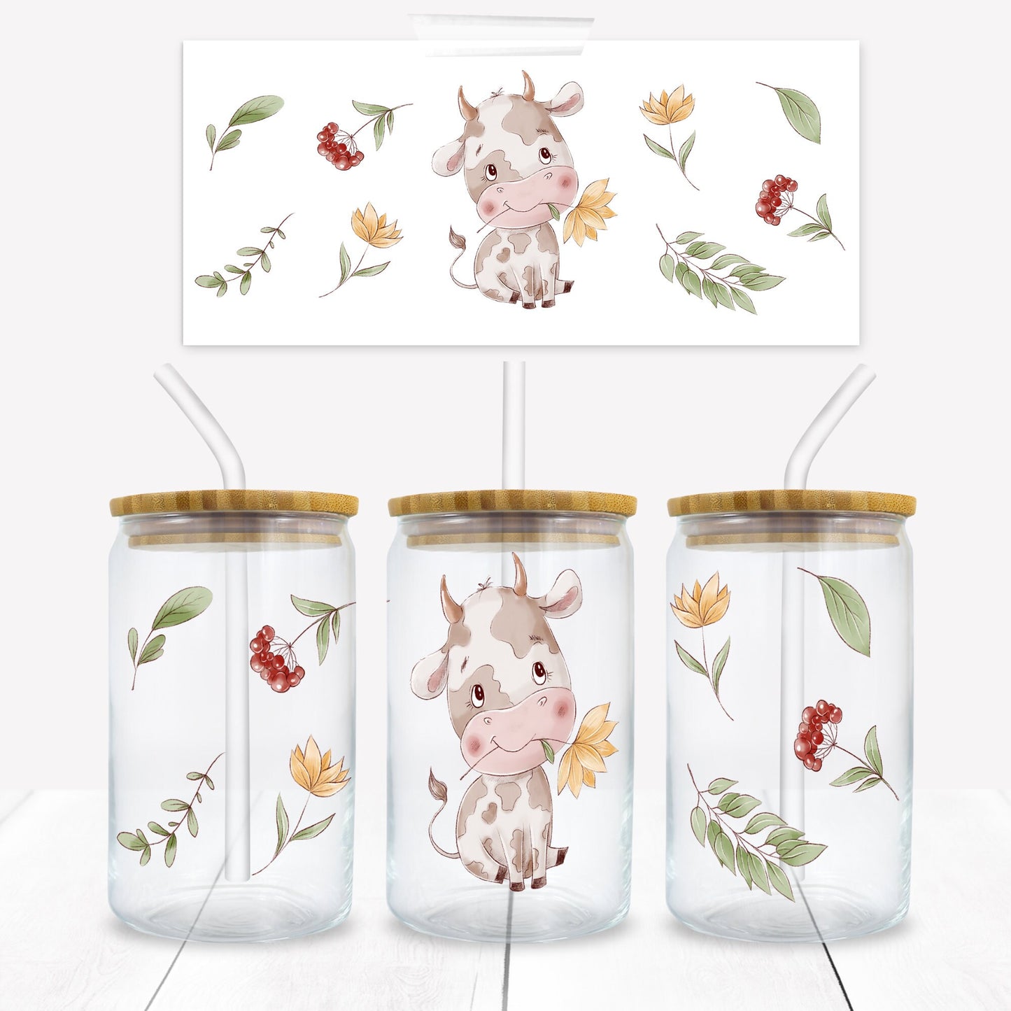 Cute Cow and foliage 16 oz. Libbey Tumbler Wrap - Sublimation Wrap- Ready to Press Sublimation