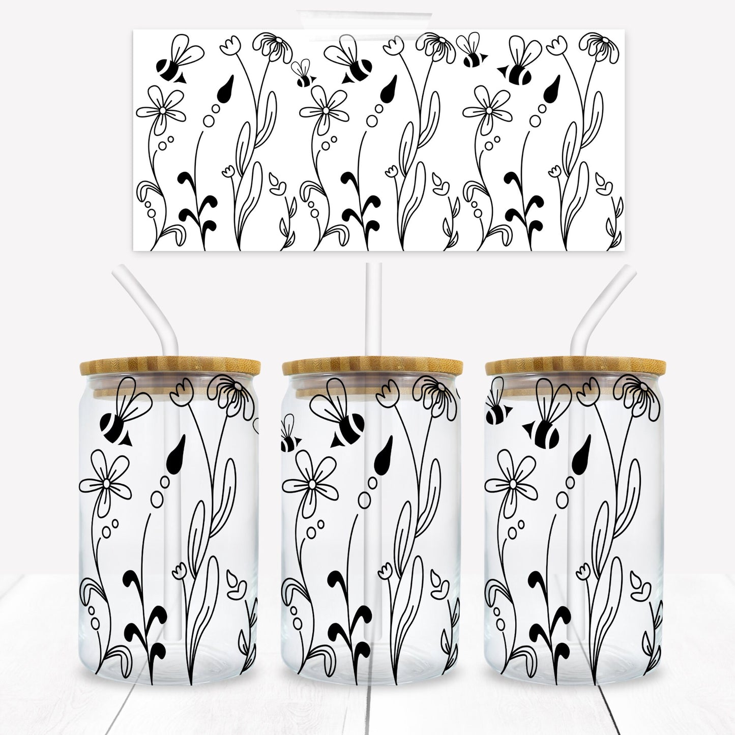 Flowers and Bees Outline 16 oz. Libbey Tumbler Wrap - Sublimation Wrap- Ready to Press Sublimation