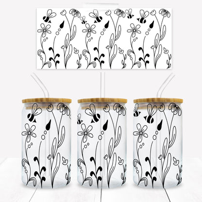 Flowers and Bees Outline 16 oz. Libbey Tumbler Wrap - Sublimation Wrap- Ready to Press Sublimation