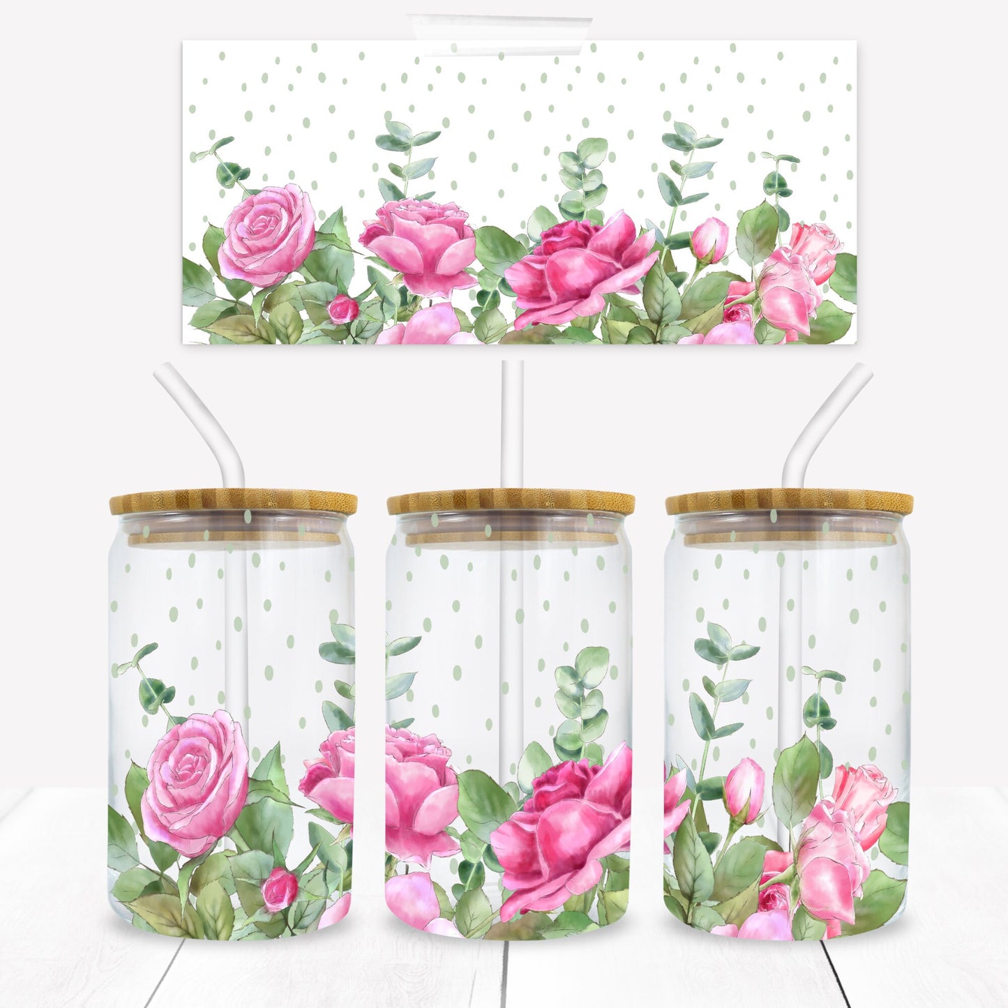 Pink Roses 16 oz. Libbey Tumbler Wrap - Sublimation Wrap- Ready to Press Sublimation