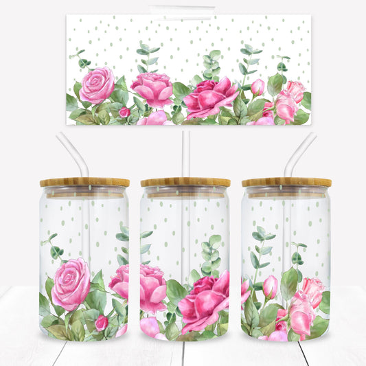 Pink Roses 16 oz. Libbey Tumbler Wrap - Sublimation Wrap- Ready to Press Sublimation