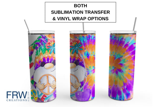 Tie Dye Peace Gnomes Sublimation Tumbler, Ready to Press Sublimation Transfer, 20 oz. Skinny Tumbler