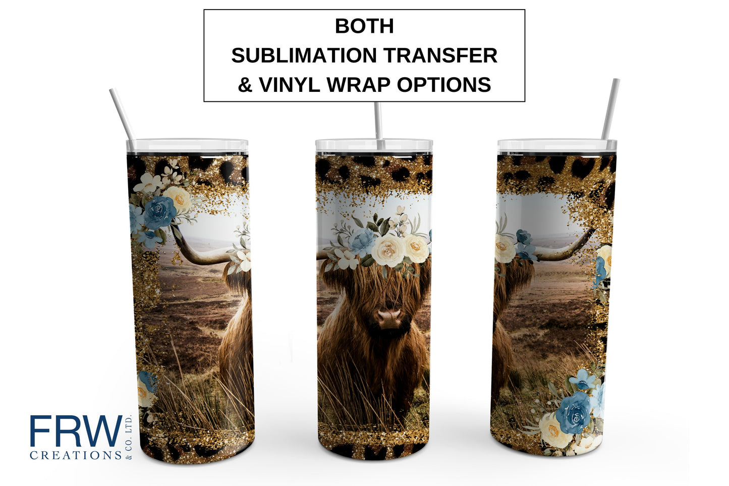 Highland Cow with Blue and White Floral Wreath 20 oz. Sublimation Tumbler Transfer