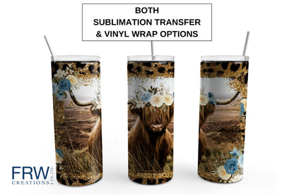 Highland Cow with Blue and White Floral Wreath 20 oz. Sublimation Tumbler Transfer