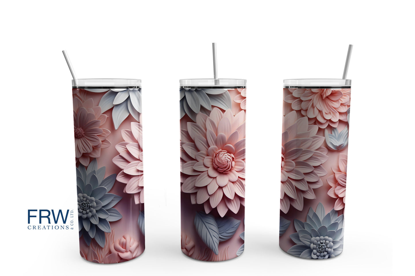 3D Flowers- Pink and Blue 20 oz Tumbler Sublimation Transfer Wrap