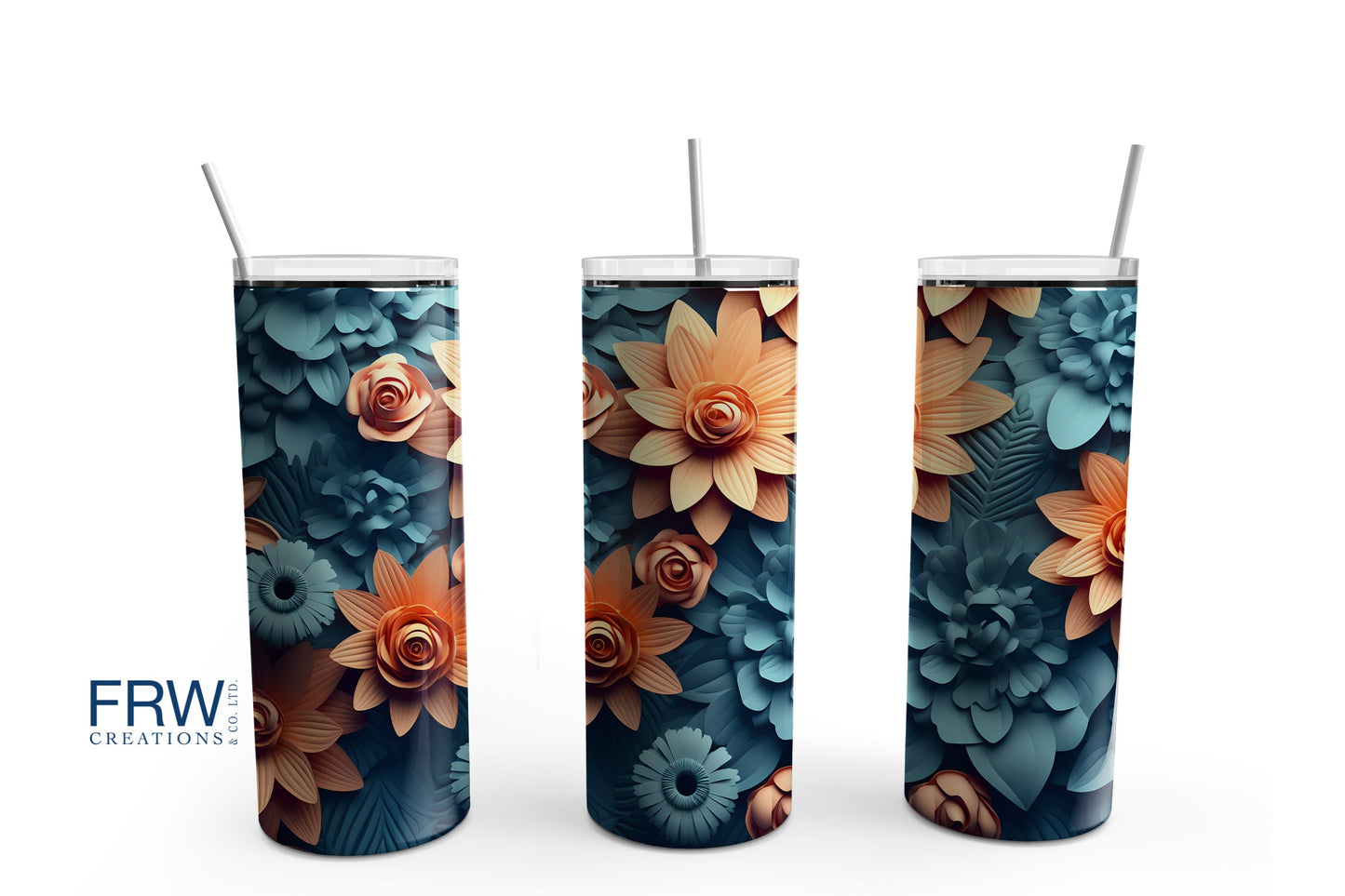 3D Peach and Teal Flower #2 T20 oz Tumbler Sublimation Transfer Wrap