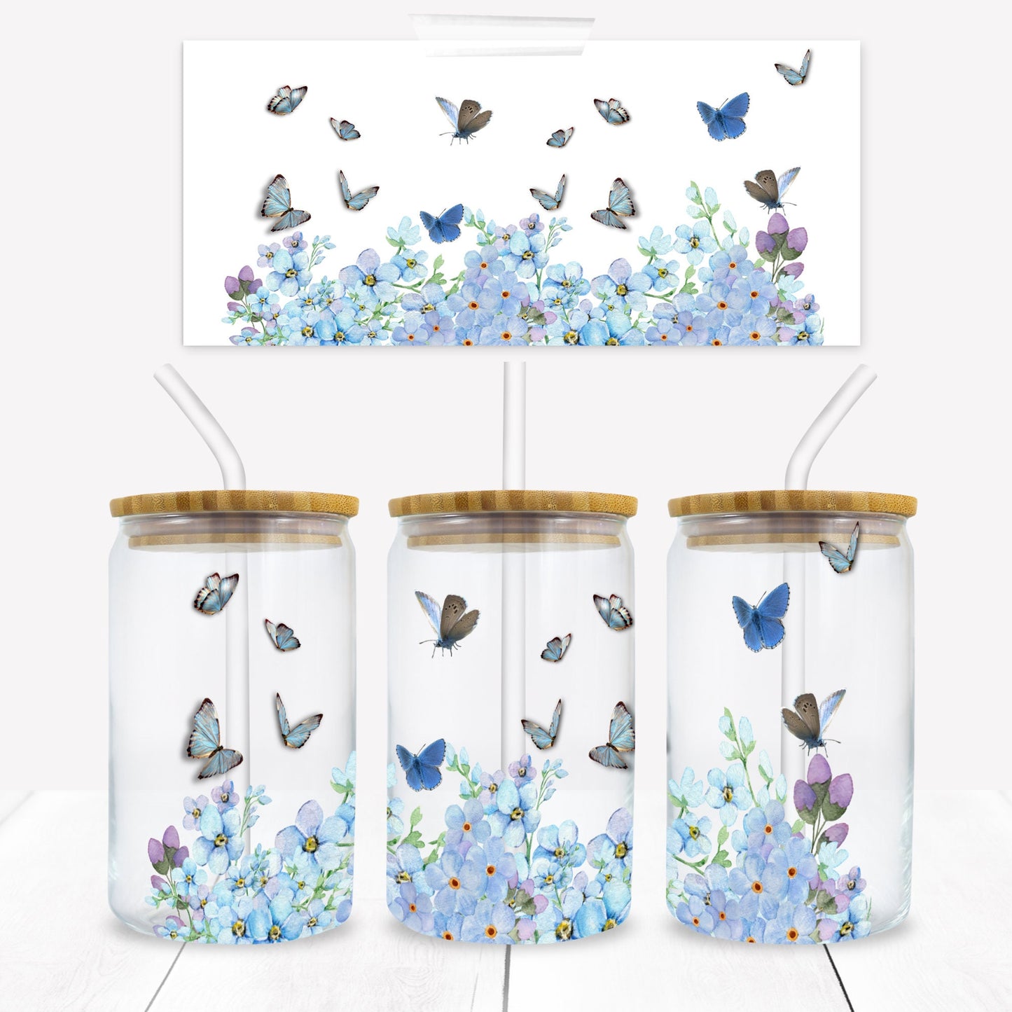 Blue Flowers and Butterflies 16 oz. Libbey Tumbler Wrap - Sublimation Wrap- Ready to Press Sublimation