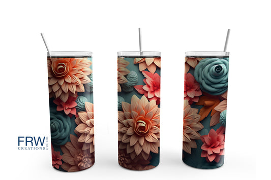 3D Peach and Teal Flower 20 oz Tumbler Sublimation Transfer Wrap