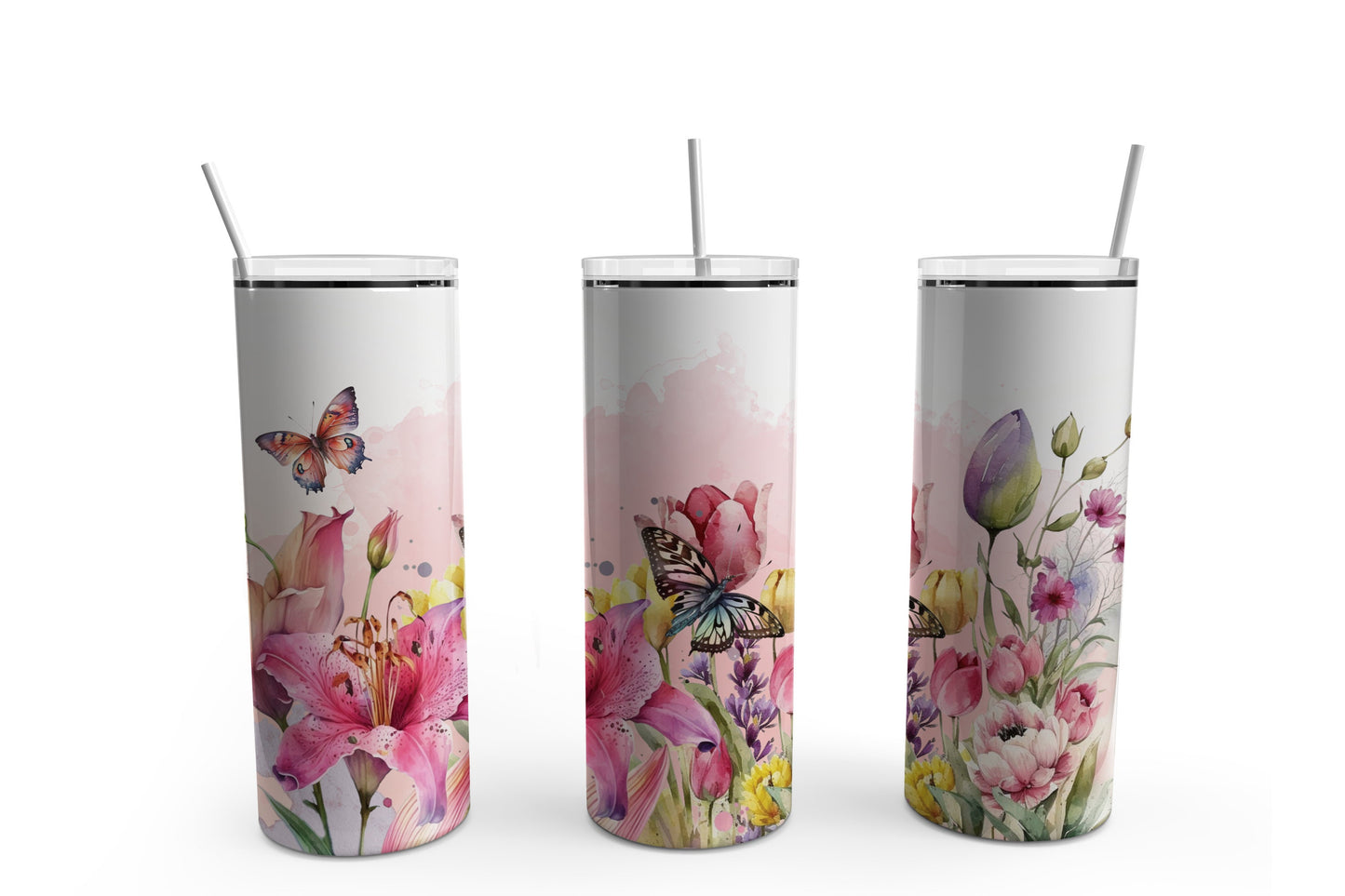 Pink Flowers Watercolour Tumbler Sublimation Tumbler, Ready to Press Sublimation Transfer, 20 oz. Skinny Tumbler