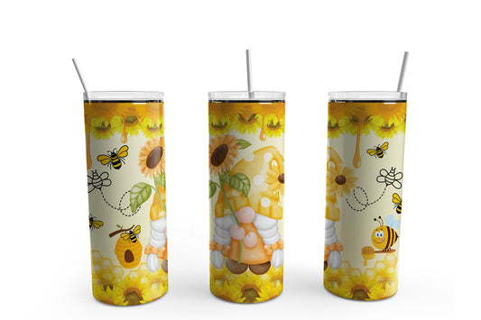 Sunflower Gnome and Bees Tumbler Sublimation Tumbler, Ready to Press Sublimation Transfer, 20 oz. Skinny Tumbler