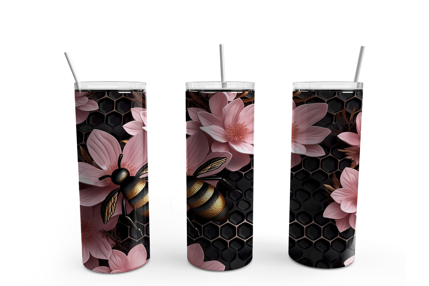 3D Bees and Pink Flowers on Dark 20 oz Tumbler Sublimation Transfer Wrap