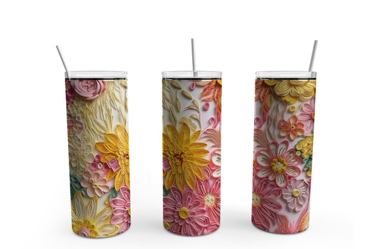 Embroidered Pink and Yellow Flowers 20 oz. Sublimation Tumbler Transfer