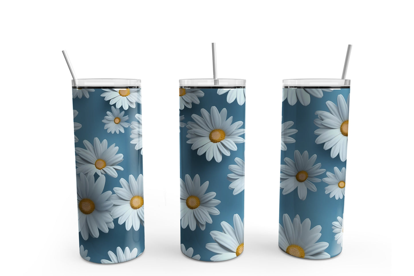 3D Daisies on Blue 20 oz Tumbler Sublimation Transfer Wrap