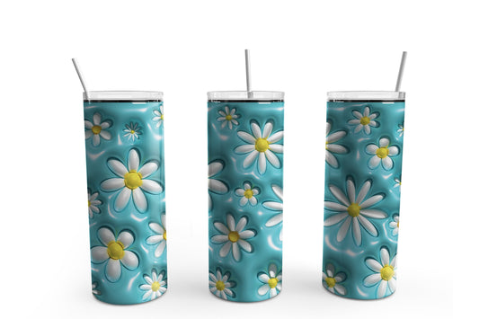 3D Daisies on Sea Blue 20 oz Tumbler Sublimation Transfer Wrap