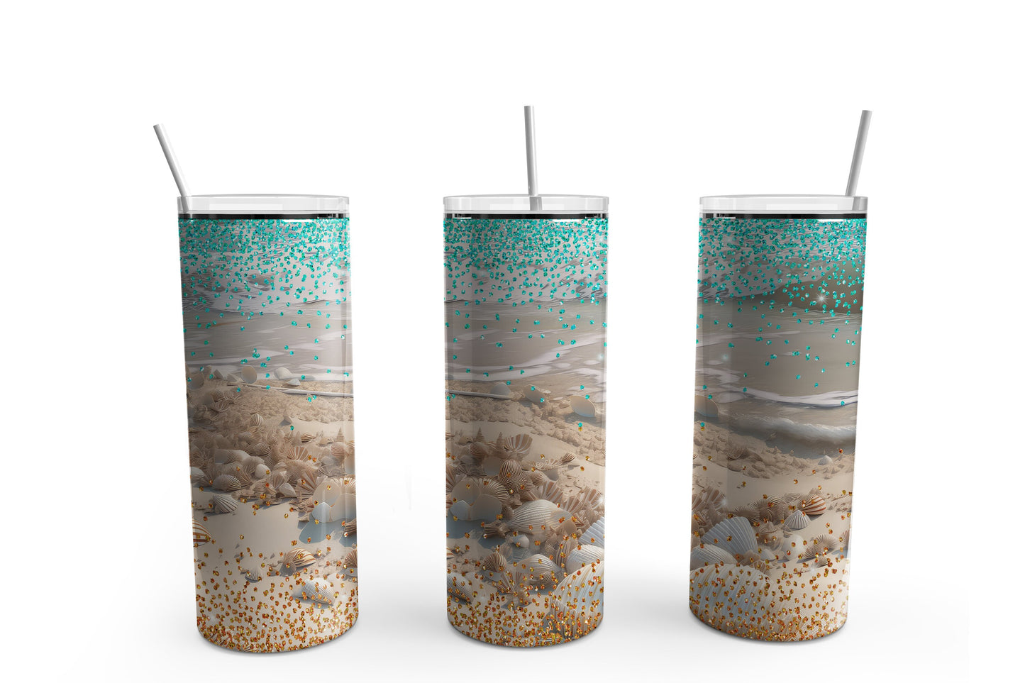 Aqua Gold Glitter Beach Tumbler 20 oz. Sublimation Tumbler Transfer