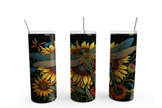 Embroidered Sunflower and Dragonfly 20 oz. Sublimation Tumbler Transfer