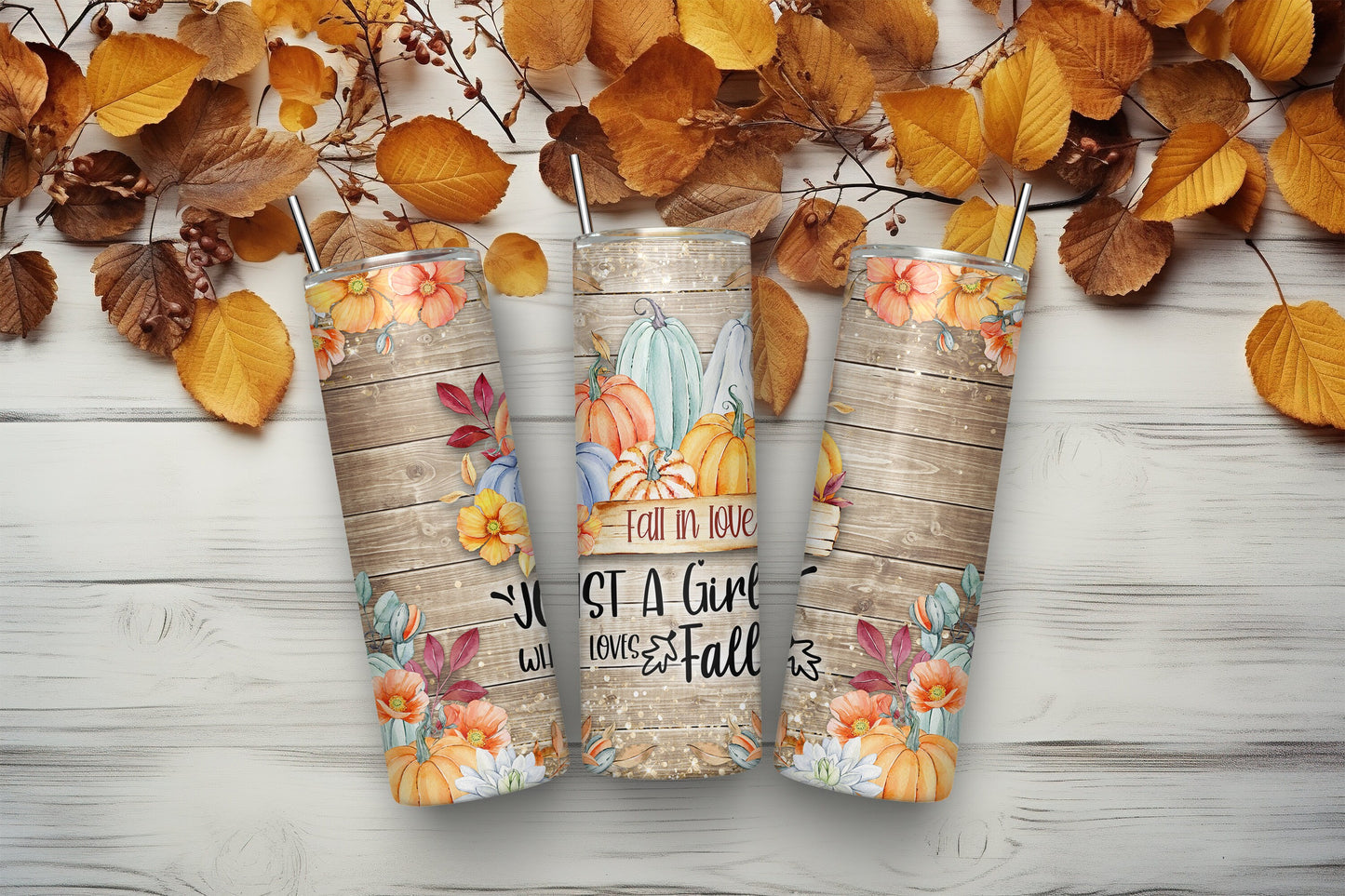 Just a Girl Who Loves Fall Sublimation Tumbler, Ready to Press Sublimation Transfer, 20 oz. Skinny Tumbler