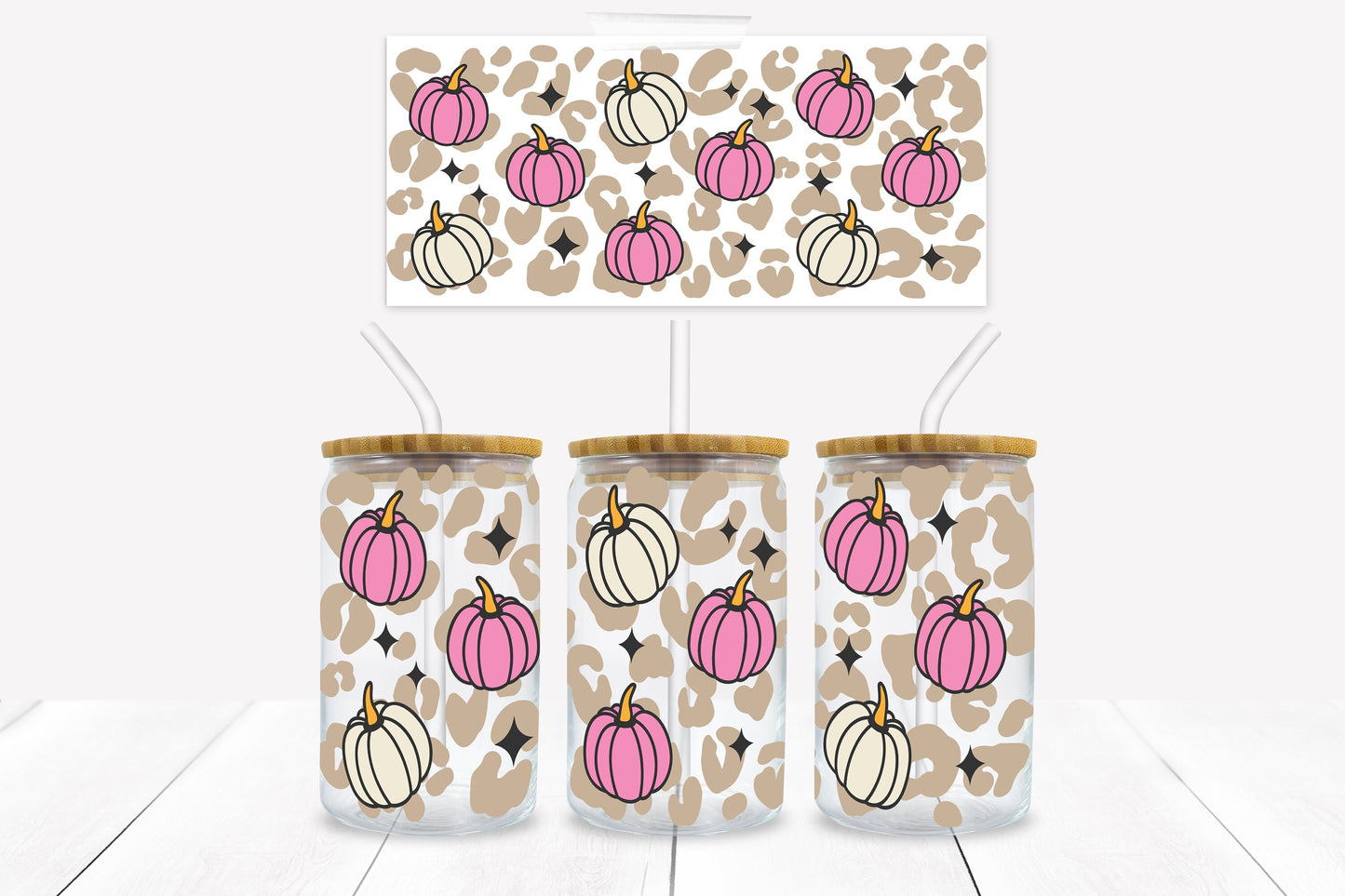 Pink Leopard Pumpkin 16 oz. Libbey Tumbler Wrap - Sublimation Wrap- Ready to Press Sublimation