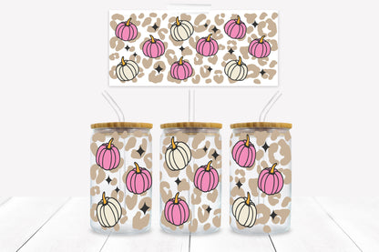 Pink Leopard Pumpkin 16 oz. Libbey Tumbler Wrap - Sublimation Wrap- Ready to Press Sublimation