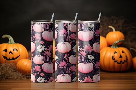 Pink Black Halloween Pumpkins Sublimation Tumbler, Ready to Press Sublimation Transfer, 20 oz. Skinny Tumbler