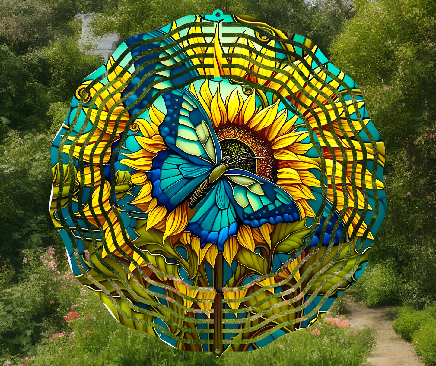 Sunflower with Blue Butterfly Wind Spinner 8" Sublimation Transfer Ready to Press