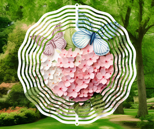 Hydrangea Butterfly #1 Wind Spinner Stained Glass Effect Wind Spinner 8" Sublimation Transfer Ready to Press