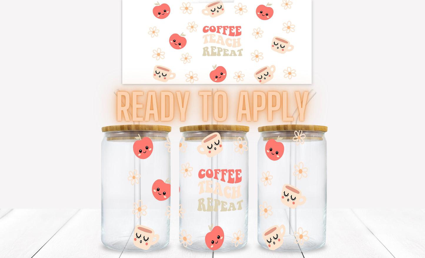 Coffee Teach Repeat Retro Apples and Cute Coffee Mugs 16 oz. Libbey Tumbler Wrap – UV DTF transfer