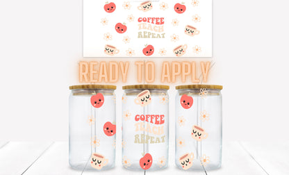 Coffee Teach Repeat Retro Apples and Cute Coffee Mugs 16 oz. Libbey Tumbler Wrap – UV DTF transfer