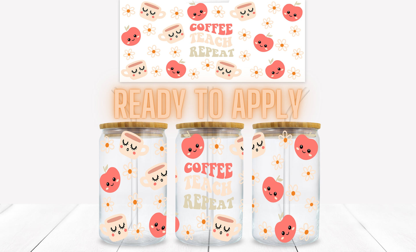 Coffee Teach Repeat Retro Apples and Cute Coffee Mugs 16 oz. Libbey Tumbler Wrap – UV DTF transfer