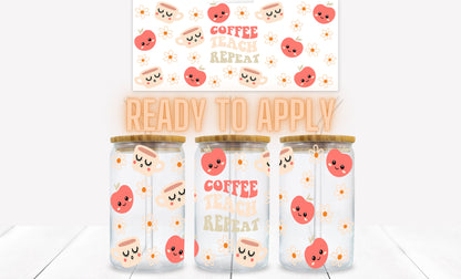 Coffee Teach Repeat Retro Apples and Cute Coffee Mugs 16 oz. Libbey Tumbler Wrap – UV DTF transfer