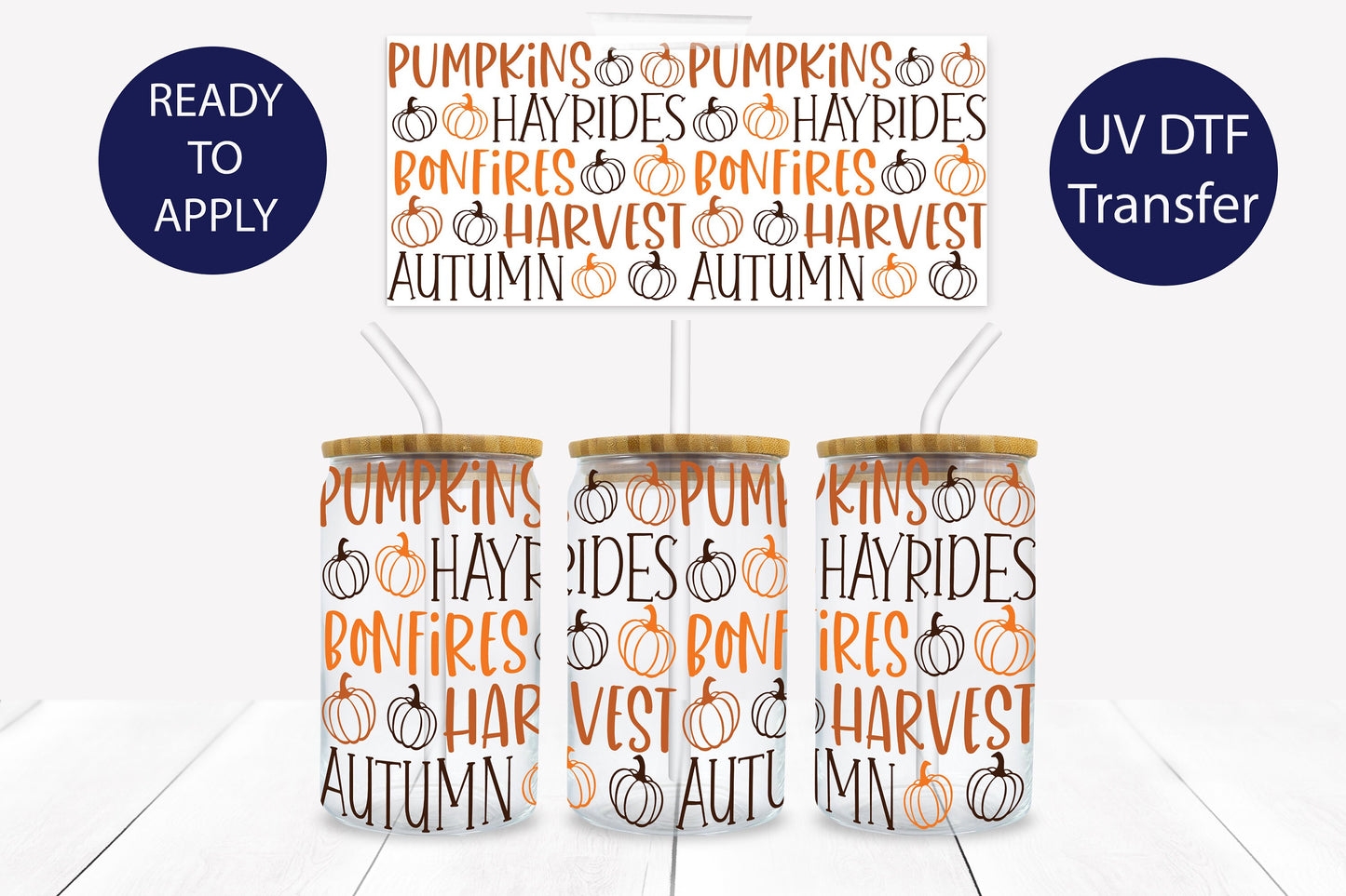 Autumn Pumpkins Hayrides Bonfires Words16 oz. Libbey Tumbler Wrap – UV DTF transfer