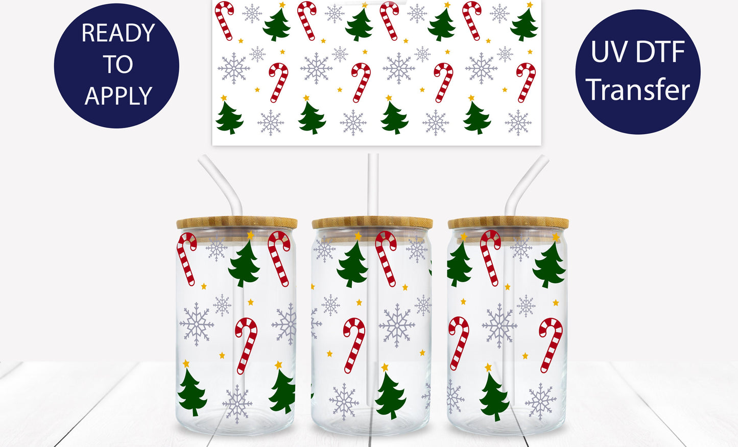 Christmas Candy Cane and Tress 16 oz. Libbey Tumbler Wrap – UV DTF transfer