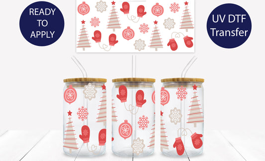 Pink and Red Christmas Trees and Mittens 16 oz. Libbey Tumbler Wrap – UV DTF transfer