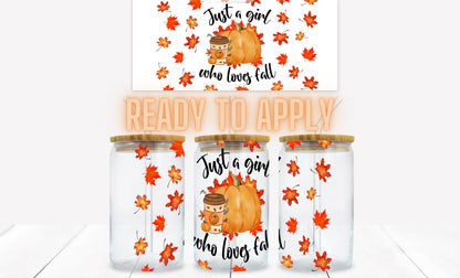 Just a Girl Who Loves Fall 16 oz. Libbey Tumbler Wrap – UV DTF transfer