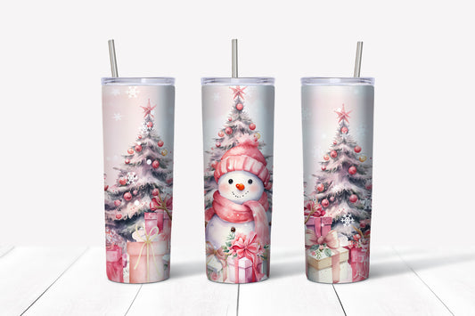 Pink Snowmen Tumbler Sublimation Tumbler, Ready to Press Sublimation Transfer, 20 oz. Skinny Tumbler