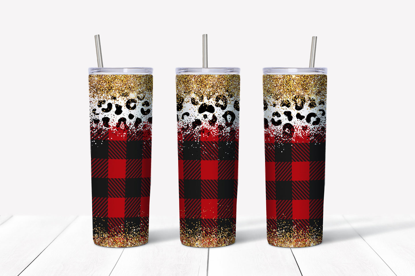 Leopard Red Buffalo Plaid Sublimation Tumbler, Ready to Press Sublimation Transfer, 20 oz. Skinny Tumbler