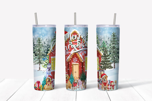 Winter House Sublimation Tumbler, Ready to Press Sublimation Transfer, 20 oz. Skinny Tumbler