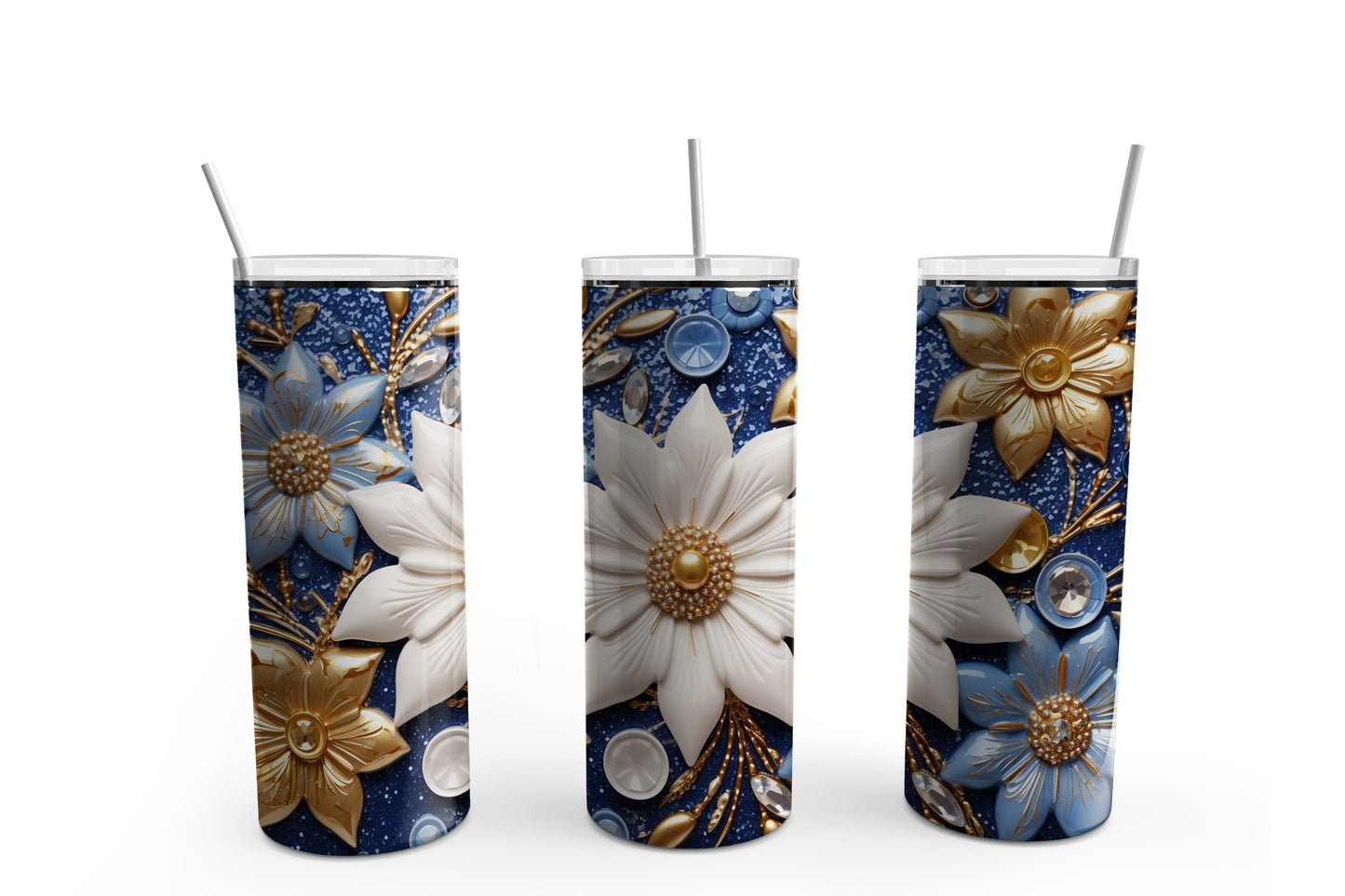 Blue and Gold Christmas Poinsettia 20 oz Tumbler Sublimation Transfer Wrap