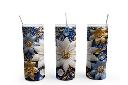 Blue and Gold Christmas Poinsettia 20 oz Tumbler Sublimation Transfer Wrap