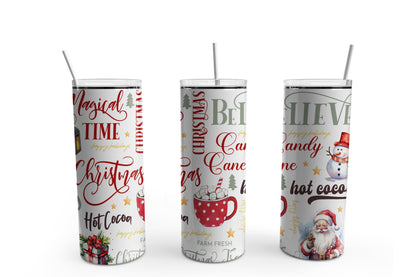 Christmas Words Believe, Candy Cane Santa 20 oz Tumbler Sublimation Transfer Wrap