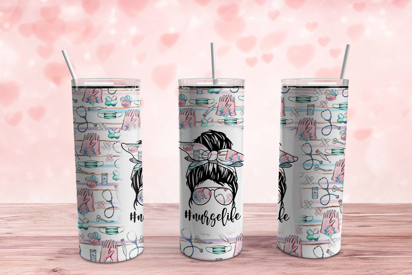 Nurse Life Messy Bun Tumbler Sublimation Tumbler, Ready to Press Sublimation Transfer, 20 oz. Skinny Tumbler