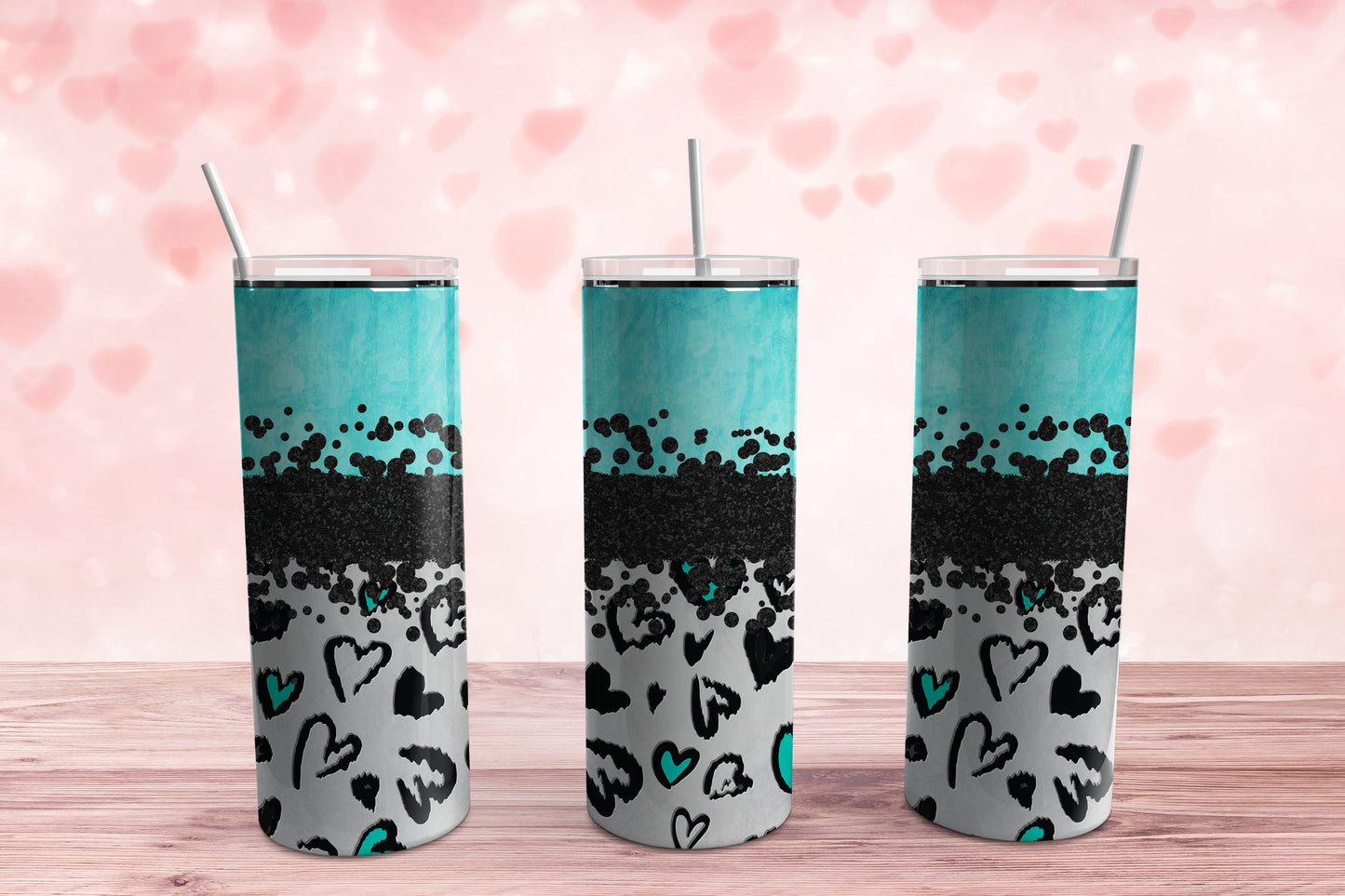 Leopard Turquoise Hearts Tumbler Sublimation Tumbler, Ready to Press Sublimation Transfer, 20 oz. Skinny Tumbler